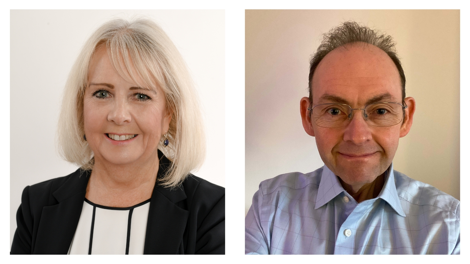 Photographs of Trisha McAuley OBE (left) and Professor Jordan Giddings (right)